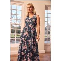 Yours Women's Floral Mesh Draped Maxi Dress in Dark Navy | Size: 14