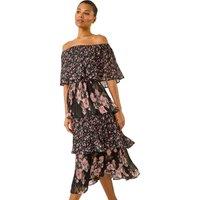 Roman Women's Bardot Ditsy Floral Midi Dress in Black | Size: 14