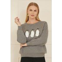 Yumi Women's Grey Christmas Festive Penguin Knitted Jumper | Size: S/M