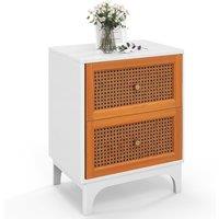 Costway 2 Drawer Rattan Nightstand Boho Accent Table Bedroom Bedside Table in White