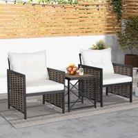 Costway 3 Piece Rattan Conversation Set Patio Wicker Chairs & Coffee Table Set in White