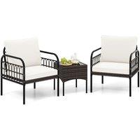 Costway 3 Pieces Rocking Bistro Set Outdoor Wicker Furniture Tempered Glass Coffee Table in White