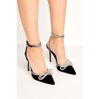 Miss Diva Women's Natalie Faux Suede Pointed Toe Diamante Bow & Strap Court Shoes Heels in Black | Size: 4