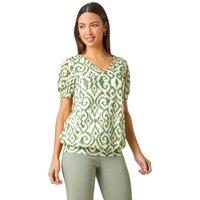 Roman Women's Aztec Print V-Neck Blouson Hem Top in Green | Size: 18