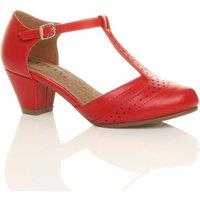 AJVANI Women's Mid Cuban Heel Comfort T-Bar Brogue Faux Leather 2 Part Heels in Red | Size: 9