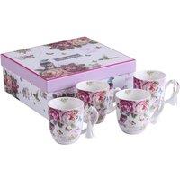 London Boutique Set of 4 Mugs Bird Rose Butterfly Fine China Cups in Gift Box For Tea Coffee in White