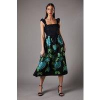 Embroidered Floral Hem Dress With Puff Sleeve