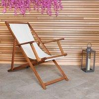 Charles Bentley Folding Eucalyptus Wooden Deck Chair Beach Sun Lounger in Off-White
