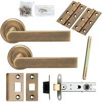 Loops Door Handle & Latch Pack Antique Brass Rectangular Lever Screwless Round Rose in Metallics