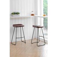 MH London Set of 2 Solid Mango Wood & Iron Kitchen Island Counter Stools with Saddle Seats & Black Iron Legs - Lara in Walnut