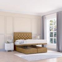 Sloomy Montana Plush Fabric Ottoman Bed End Opening With Sprung Memory Mattress & 26 Inch strut Headboard in Light Brown | Size: Super King