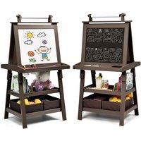 Costway 3 in 1 Art Easel Double Sided Storage Easel with Whiteboard Chalkboard in Brown