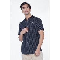 Enorsia Men's Navy Check Short Sleeves Casual Grandad Collar Shirt in Black | Size: Small