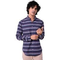 Enorsia Men's Blue Grey Stripe Long Sleeves Shirt in Navy | Size: Medium