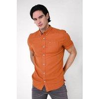 Enorsia Men's Cotton Linen Roll-Up Sleeve Shirt in Orange | Size: Small