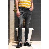 Enorsia Men's Black Ripped Skinny Jeans - Distressed Stretch Denim | Size: 36