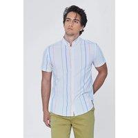 Enorsia Men's Blue Rust Striped Casual Oxford Shirt in White | Size: Large
