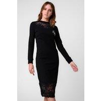 Enorsia Women's Lace Detail Long Sleeve Midi Dress in Black | Size: 14