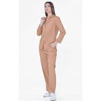 Enorsia Women's Soft Touch Button Through Shirt & Trouser Pyjama Set in Brown | Size: 14
