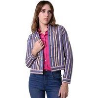 Enorsia Women's Blue Stripe Pattern Cropped Jacket | Size: 14