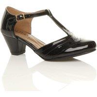 AJVANI Women's Mid Heel Comfort T-Bar Brogue Patent 2 Part Heels in Black | Size: 4