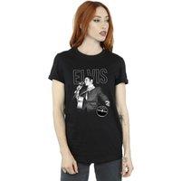Elvis Presley Women's Logo Portrait Cotton Boyfriend T-Shirt in Black | Size: Large