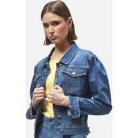Enorsia Women's Puff Sleeve Denim Mid Wash Jacket in Mid Blue | Size: 12