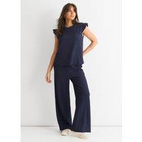 Gini London Women's Dark Blue Frill Sleeves Textured Oversized Top | Size: S/M