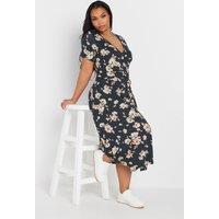 Yours Women's Floral Buckle Detail Midi Dress in Dark Navy | Size: 26-28