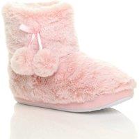 AJVANI Women's Flat Heel Pull On Pom Pom Faux Fur Slippers in Pale Pink | Size: 6