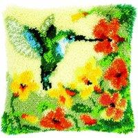 Vervaco L/HK CUSH H/BIR&FLWR - Latch Hook Kit: Cushion: Hummingbird & Flowers in Green