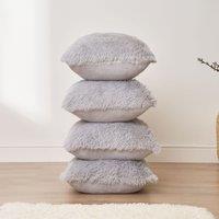 OHS Set of 4 Fluffy Shaggy Filled Cushion with Cover Square in Silver | Size: 45 cm x 45 cm