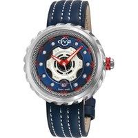GV2 Motorcycle SS Case, Blue dial, Red hands, Genuine Handmade Italian Leather Blue/White Strap