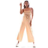 Enorsia Women's Shirred Belted Solid Jumpsuit in Cream | Size: 16