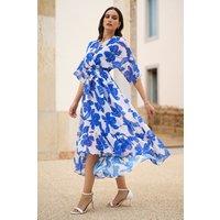 Yumi Women's Navy Kimono Sleeves Midi Dip Hem Wrap Midi Dress in Blue | Size: 18