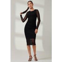 Jolie Moi Women's Ruched Sheath Maxi Mesh Dress in Black | Size: 16