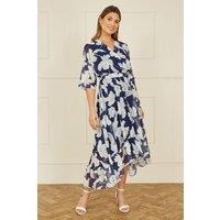 Yumi Women's Navy Mesh Bird & Floral Print Midi Dress With Ruffles | Size: 8