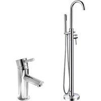 Nes Home Chrome Modern Freestanding Bath Shower Mixer Tap With Shower Kit + Basin Sink Mono Tap in Silver