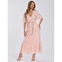 Finding Friday Women's Metallic Jaquard Short Sleeve Maxi Dress in Coral | Size: 14