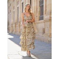 Finding Friday Women's Metallic Printed Ruffle Strappy Shoulder Maxi Dres | Size: 12