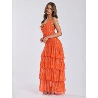 Finding Friday Women's Metallic Ruffle Strappy Shoulder Maxi Dress in Orange | Size: 14