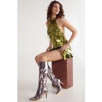 NastyGal Women's Faux Leather Metallic Knee High Boot in Silver | Size: 7