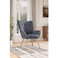 Grey Buttoned Linen Armchair with Wooden Legs