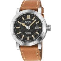 Gevril Men's Flat Iron 43700 Swiss Made Automatic, ETA2824 Black Dial, Luggage Brown Handmade Italian Leather Watch in Amber