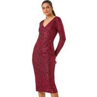 Roman Women's Sequin Front Wrap Midi Stretch Dress in Red | Size: 10