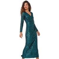 Roman Women's Sequin Wrap Stretch Maxi Dress in Emerald | Size: 18
