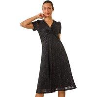 Roman Women's Sequin Lace Twist Front Midi Dress in Black | Size: 10