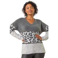 Roman Women's Petite Animal Print Colourblock Jumper in Grey | Size: 12