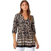 Roman Women's Aztec Print V-Neck Stretch Tunic Smock Top in Black | Size: 12