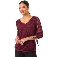 Roman Women's Burnout Print V-Neck Overlay Mesh Top in Wine | Size: 18
